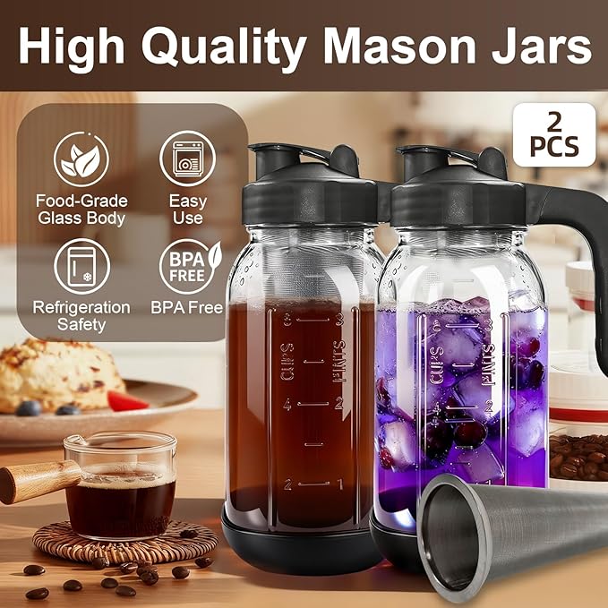 2 PCS Cold Brew Coffee Maker,64 oz Mason Jar Pour Spout Lid, Refillable Stainless Steel Filter,Non-slip Silicone Sleeve for Glass Pitcher, Homemade Beverage,For Home Baristas & Coffee Enthusiasts