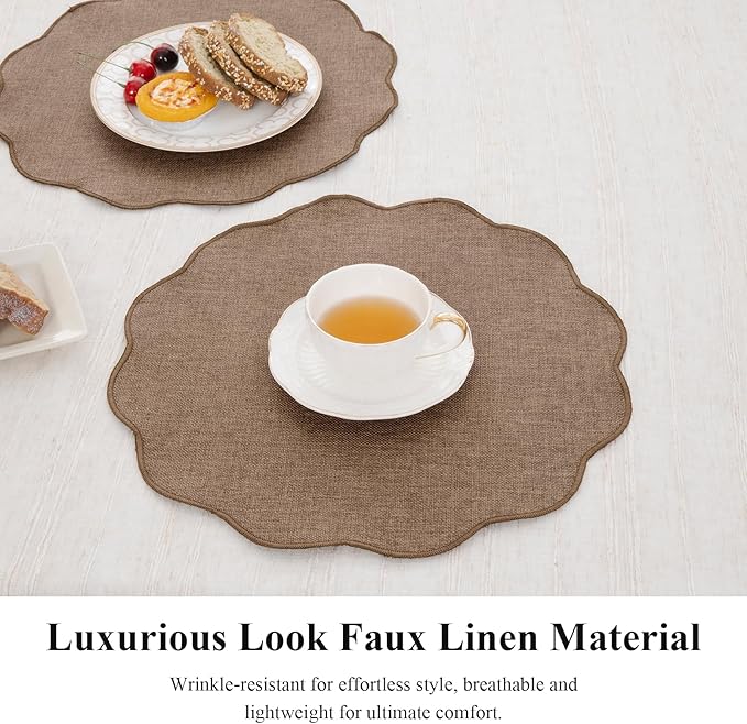 SHACOS Scalloped Round Placemats Set of 6 Polyester Linen Blend 15 inch Washable Non Slip Place Mats Easy Clean Heat Resistant Table Mats for Kitchen Dining Table Decor, Brown
