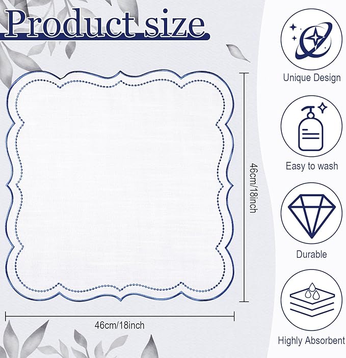 Hahafelt 6 Set Cloth Napkins 18x18inches Scalloped Embroidery Cloth Napkins Washable Polyester Table Dinner for Hotel Restaurant Weddings Events Parties (Navy Blue)