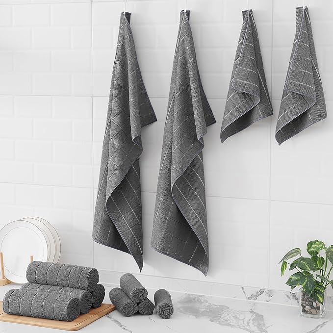 Homaxy Microfiber Kitchen Towels and Dishcloths Set, 16 Pack Soft and Absorbent Dish Hand Towels Bulk, 28 x 16 Inch & 12 x 12 Inch Quick Drying Rags for Washing Dishes, Grey