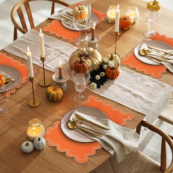 HunnmingRe Set of 6 Cotton Linen Placemats, 13x19 Inch Scalloped Wavy Embroidery Placemat Double Layered Washable Rustic Rectangle Dinner Table Mats for Wedding Home Decor(Orange with Yellow)