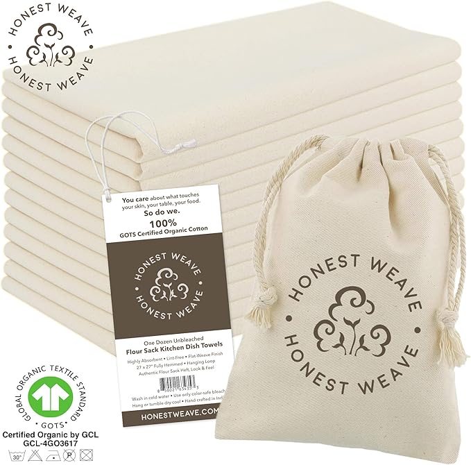 HONEST WEAVE GOTS Certified 100% Organic Flour Sack Cotton Kitchen Hand and Dish Towel Sets - Extra Large 27x27 inches, Fully Hemmed, 12-Pack, Natural Tan