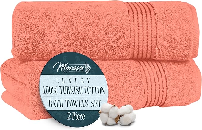 Mocassi Luxury 100% Turkish Cotton 2-Pack Bath Towel Set- Ultra Soft, Quick Dry Highly Absorbent 27 x 54 inch Premium Spa Hotel Quality 2PC Bath Towels - Luxurious Soft Bathroom Towels, Coral