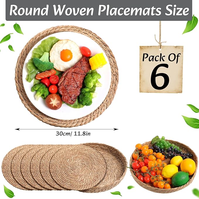 Boho Placemats 4/6/8 Set of Round Woven Placemat Macrame Style Bicolor Stitching Long Table Runner Farmhouse Rustic Natural Burlap Cotton for Kitchen Dining Table (6 Sets,Gray,12x72)