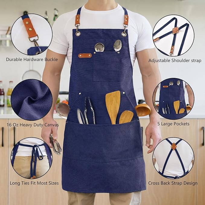 Aoomzoon Canvas Aprons for Men Chef Apron, Work Apron with Large Pockets - 16oz Heavy Duty Cross Back, BBQ, Cooking