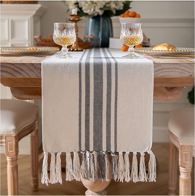 Boho Table Runner for Modern Farmhouse Decor, Dining Table décor 13 x 72 Inch Long, Coffee Table Runner with Handcrafted Tassels, Grey and Beige Stripe Table Runner for Home Boho Décor