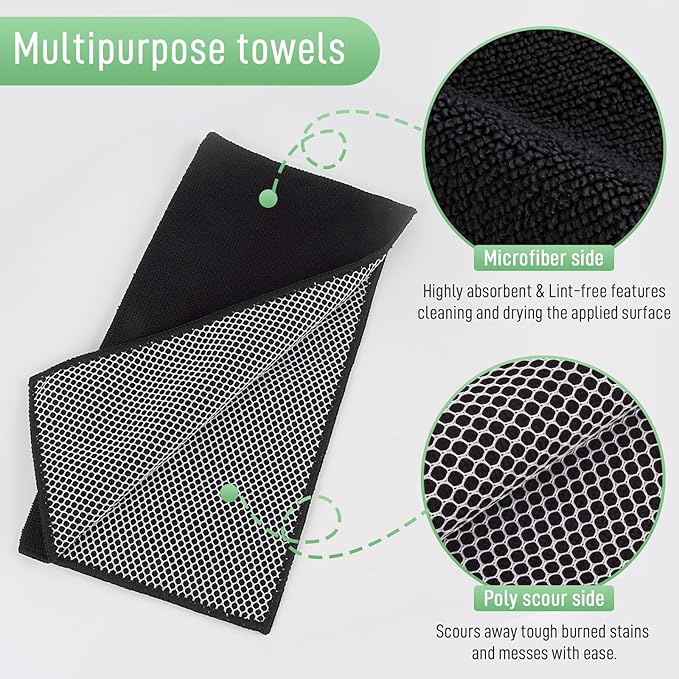 SINLAND Microfiber Dish Cloth Kitchen Cleaning Dish Towel Absorbent Fast Dry Streak Free Cleaning Cloths Poly Scour Side for House, Kitchen 12 Inch x 12 Inch 20 Pack Black
