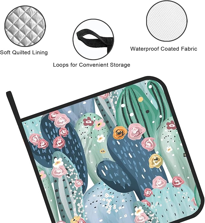 Pastel Cactuses,Succulents,Cacti Pot Holders Set of 2 Kitchen Heat Resistant Potholder for Microwave Cooking Baking Oven End Dishes and BBQ