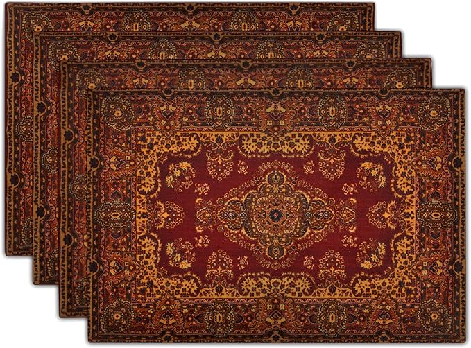 aportt Red Gold Boho Placemats Set of 4 Bohemian Vintage Retro Rug Carpet Linen Washable Kitchen Dining Table Mats Stain Heat-Resistant Desktop Decor Place Mats for Home Party Indoor 12x18 in