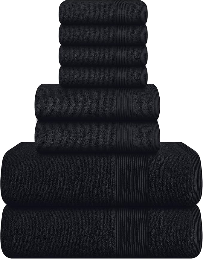Belizzi Home 8 Piece Towel Set 100% Ring Spun Cotton, 2 Bath Towels 27x54, 2 Hand Towels 16x28 and 4 Washcloths 13x13 - Ultra Soft Highly Absorbent Machine Washable Hotel Spa Quality - Black