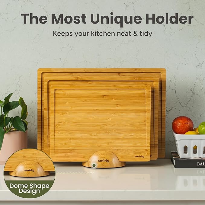 SMIRLY Wooden Cutting Boards For Kitchen Meal Prep & Serving - Bamboo Cutting Board Set with Holder, Charcuterie & Chopping Board, Wood Cutting Board Set, Kitchen Gadgets