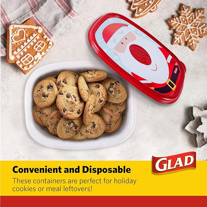 Glad GladWare Holiday Food Storage Containers with Reversible Gift Tags, Large Rectangle BPA Free Plastic for Holiday Cookies and Gifting, Microwave Freezer Dishwasher Safe, 64 Oz, 3 Count