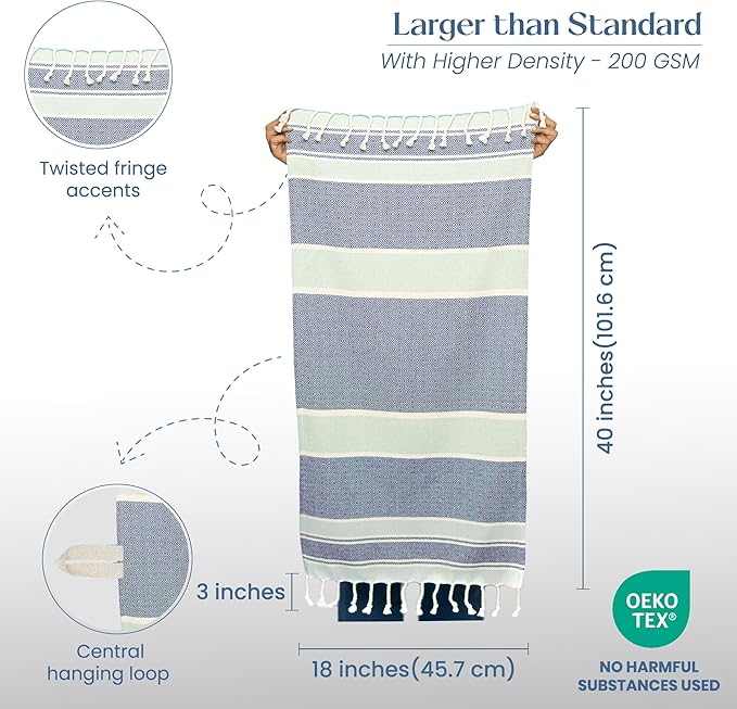 The Fine Living Co. Turkish Towels - Set of 2 | 100% Cotton - Bath & Kitchen Decorative Towels | 40'x18' (Blue & Gray)