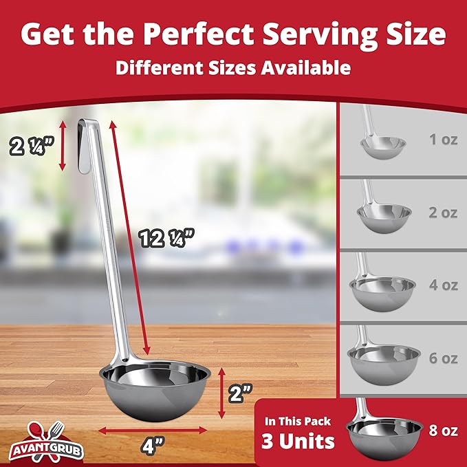 Super Sturdy, Ergonomic 8 Oz. Soup Ladle 3 Pk. Stainless Steel Ladles with Long Handles. Best Kitchen Accessories for Stirring, Portioning and Serving Soups, Chili and Stew in Restaurants and at Home