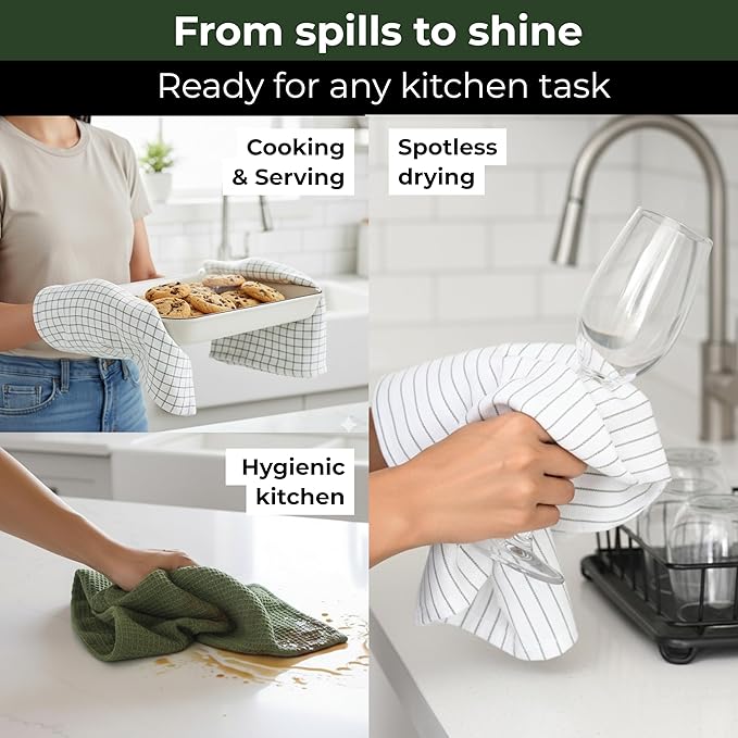 Highly Absorbent Cotton Kitchen Towels for Drying Dishes - Set of 6 Dish Towels - Narrow Sage Green Stripes Plaid Waffle Dishtowels - 18"X28" Large Lint Free Linen Tea Hand Bulk T Towls