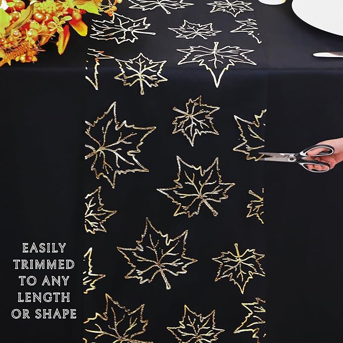Snowkingdom Fall Table Runners, Gold Maple Leaves Thanksgiving Table Decorations for Autumn Harvest Sequin Glitter Lightweight Black Thin Mesh Sparkle Farmhouse Dining Party Decor 120 Inch