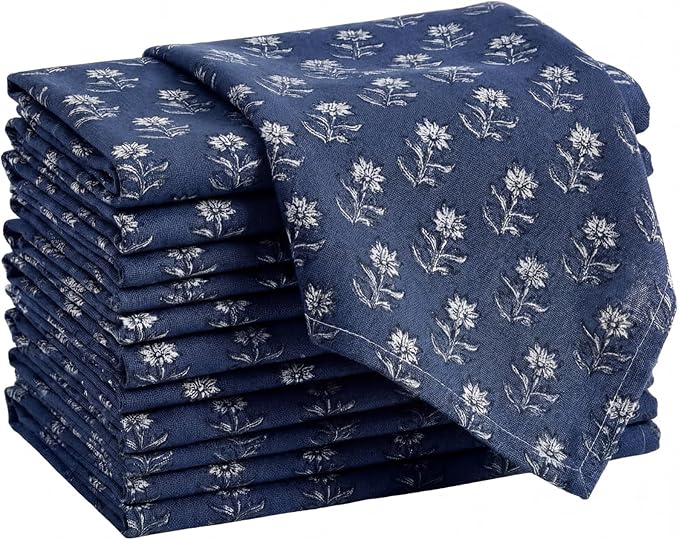 Mindsoft Set of 12 Floral Cloth Napkins Linen Cloth Napkins Spring Flower Wildflowers Dinner Napkin 18 x 18 Inch Vintage Washable Reusable for Dinner Home Restaurant Wedding Decor(Navy Blue,12 Pcs)