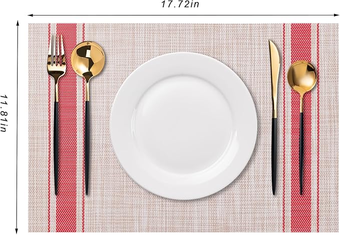 CADONO Placemats Set of 4 Washable Indoor/Outdoor Vinyl Place Mats for Dining Table Durable Non-Slip Heat Resistant PVC Weave Table Mats（Stripes-Red）