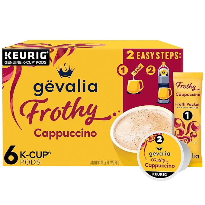 Gevalia Frothy 2-Step Artificially Flavored Cappuccino Espresso Style K‐Cup Coffee Pods & Froth Packets Kit, 6 ct. Box