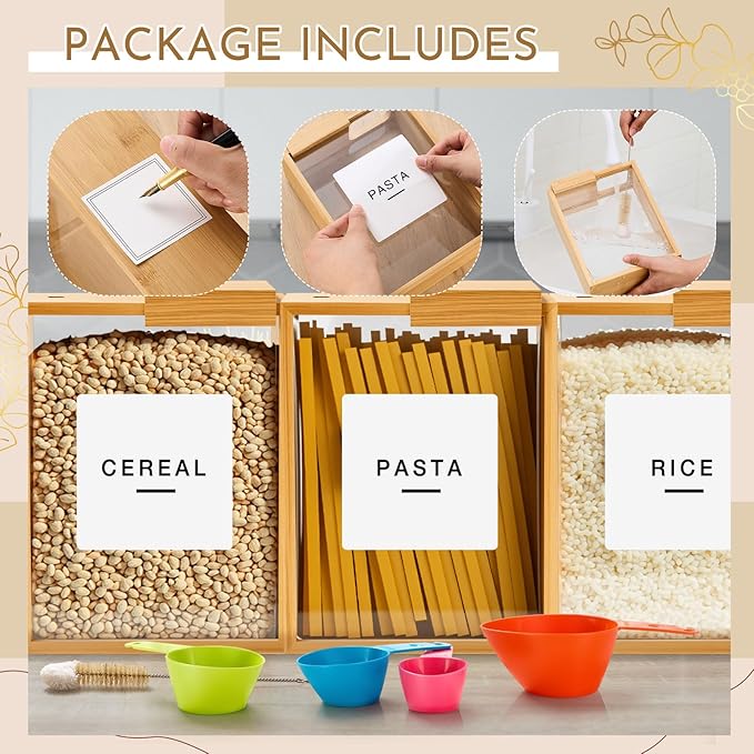 Threehoney 2 Pcs Bamboo Cereal Dispenser 75 Oz/ 2.2 l Kitchen Food Storage Containers with Measuring Cups for Airtight Pantry Organization and Storage Container Cereal Rice Flour Snack Nuts Grains