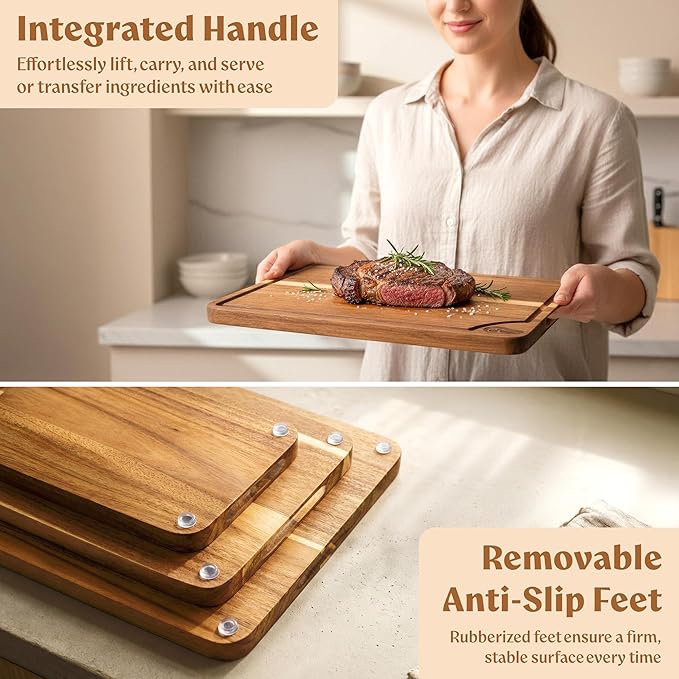 EDELHAUS Cutting Boards for Kitchen (Set of 3) Beeswax Finished Acacia Wood Cutting Board, Mineral Oil Free Wooden Cutting Boards non Toxic with Juice Groove, Non-Slip Feet, Charcuterie Boards