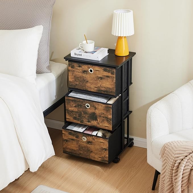 MAX Houser Dresser Storage with 3 Drawers, Fabric Tower Nightstand, Chest of Drawers,Vertical Storage Unit Organizer for Closets,Bedroom,Dorm, Wood Top, Rustic Brown Wood Grain Print