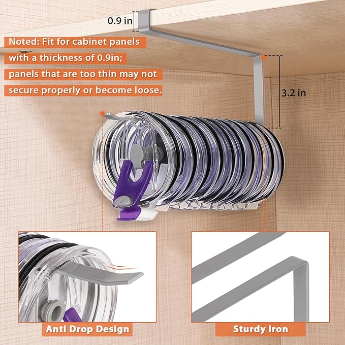2 Pack Tumbler Lid Organizer, Horizontal Tumbler Lid Storage Hook to Hold Up 20 Lids, Space Saving Cup Lid Holders Under Cabinet Tumbler Lid Hook for Kitchen Organizer, Paper Towel Rack Hanger (Gray)