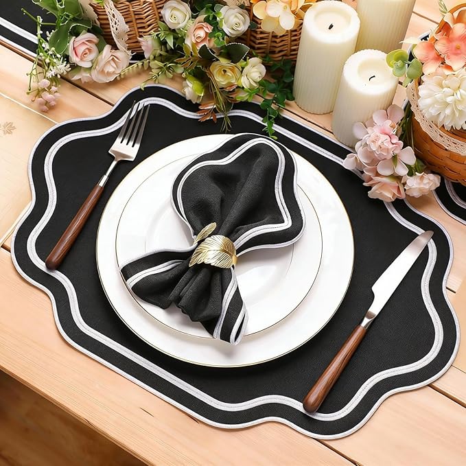 Breling 6 Pcs Wedding Placemats Scalloped Embroidered Cotton Linen Placemats 17" x 13" Double Layered Machine Washable Table Place Mat for Party Table Decor (Black)