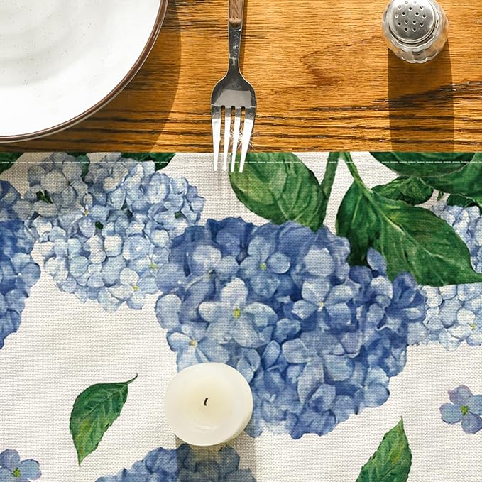 Artoid Mode Watercolor Hydrangea Table Runner, Spring Summer Seasonal Kitchen Dining Table Decoration for Indoor Outdoor Home Party Decor 13 x 72 Inch