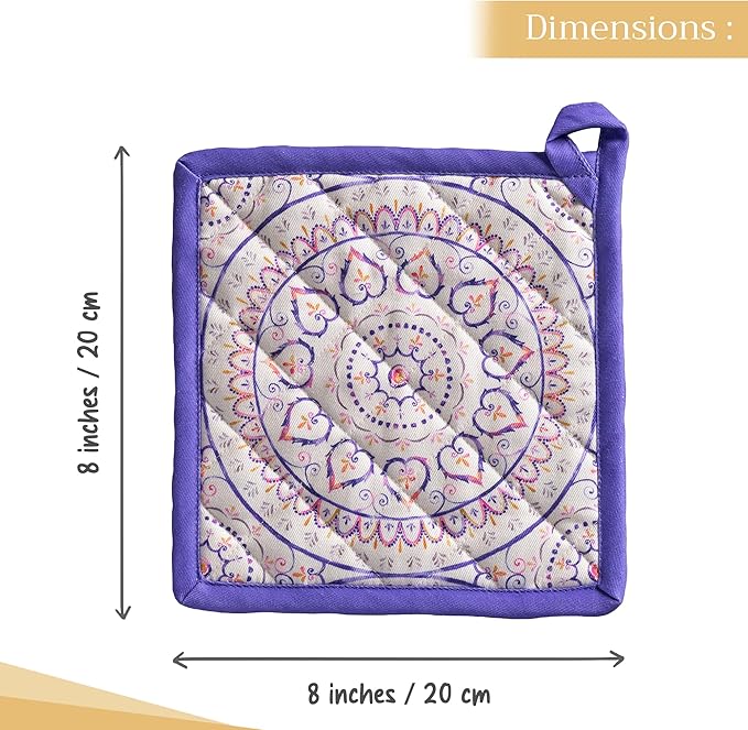Maison d' Hermine Pot Holders 100% Cotton Heat Resistant Potholders 8" x 8" Hot Pads with Loop BBQ Cooking Baking Gifts for Mothers Day Handling Hot Pans Spring/Summer (Pack of 1, Mandala)
