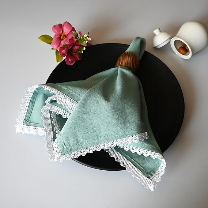 Fingercraft Dinner Cloth Napkin Cotton Linen Blend 12 Pack Mitered Corners with Elegant Lace for Everyday Use Napkins are Pre Shrunk and Good Absorbency (Aqua, 12in x 12in) Easter Color
