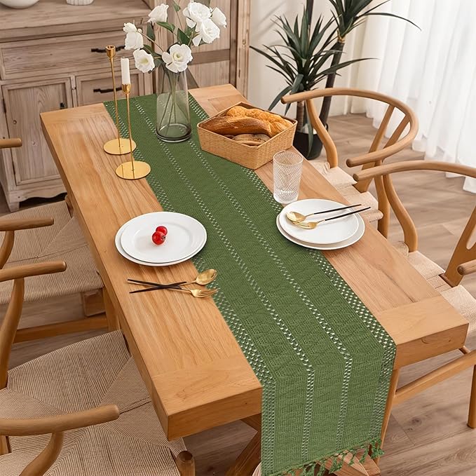Niviy Sage Green Boho Table Runner for Home Decor 72 Inches Long with Tassels, Rustic Macrame Cotton Linen Woven Coffee Table Runners for Bohemian Dining Table Decoration, Green