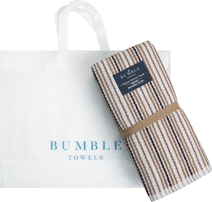 Kitchen Towels 16”x 26” - 6 Pack | Large Cotton Dish Towels | Popcorn Stripe Design | 430 GSM Highly Absorbent with Hanging Loop | Tan