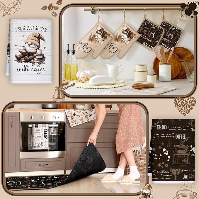 Fourluoo 10 Pcs Coffee Kitchen Decor and Accessories Oven Mitts and Pot Holders Set Coffee Dish Towels Rugs Farmhouse Kitchen Decor Vintage Potholder Brown Gloves for Baking Cooking BBQ Women Mom Gift