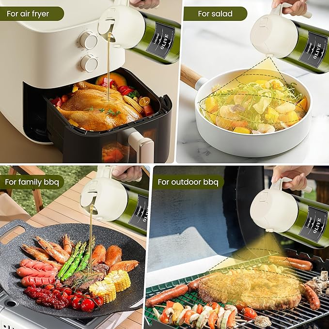 LAKUMIQI 2 in 1 Oil Sprayer for Cooking, 16oz Olive Oil Dispenser Bottle for Kitchen, Food Grade Light-Blocking Leak Proof Glass Spray Bottle for Salad, Air Fryer, BBQ