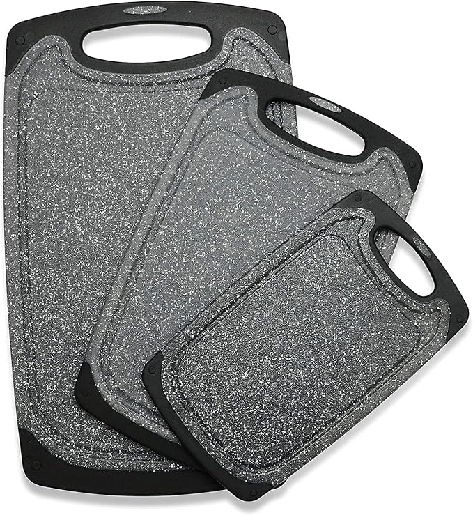 Viretang Plastic Cutting Boards Set of 3 Extra Large for Kitchen, Thick Chopping Board with Deep Juice Grooves, Non‑Slip Feet, Easy Grip Handle, BPA Free, Dishwasher Safe,Black