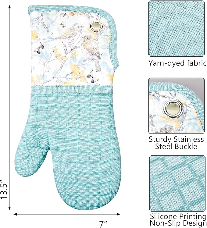 Silicone Printing Oven Mitts Heat Resistant to 500 Degree,Yarm-Dyed Oven Gloves with Animal Design Non-Slip for Kitchen Cooking Barbecue Baking and Machine Washable. (Light Blue Mitts)
