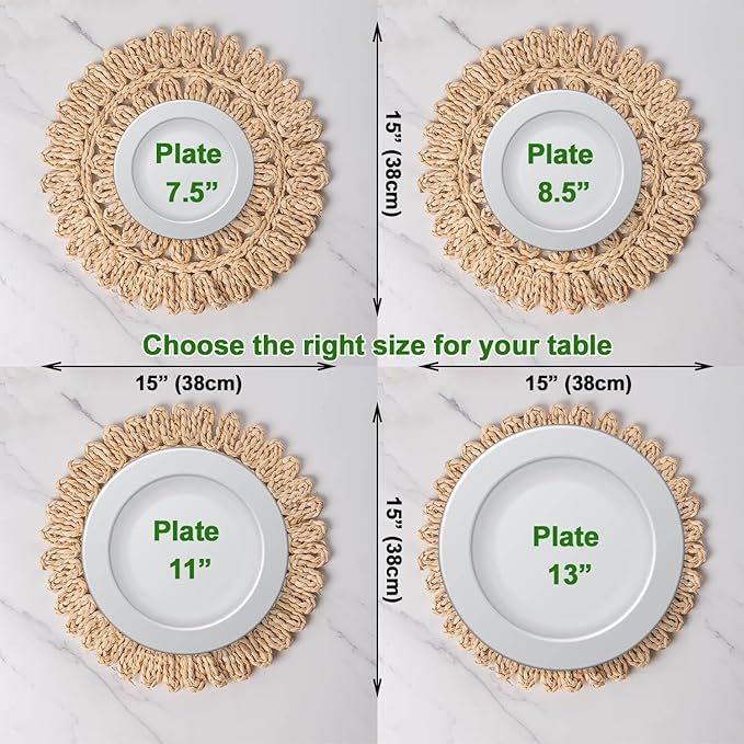 Laquedecraft 15" Set of 8 Round Corn Husk Placemats | Boho Woven Rattan Table Mats | Farmhouse Wicker Spring Plate Chargers Like Water Hyacinth, Seagrass for Wedding, Party, Christmas, Events