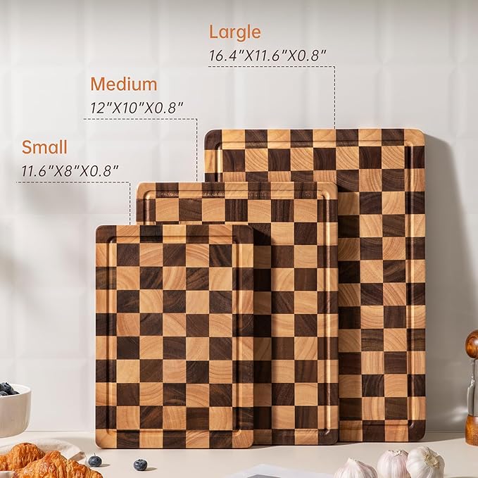 Checkered Cutting Boards for Kitchen, Wooden Cutting Board Set, Acacia Chopping Board with Juice Grooves & Handles, Butcher Block Serving Tray for Meat, Vegetables and Fruits, 3pcs