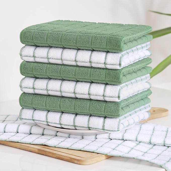 Homaxy Premium Cotton Kitchen Towels 16"x 28", Large Natural Ring Spun 390 GSM Dish Towels, Super Absorbent Terry Kitchen Hand Towels, Soft Tea Towels with Hanging Loop, Grass Green Check, 6 Pack