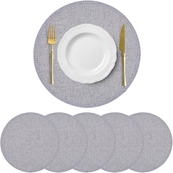 Round Placemats Set of 6, 15 Inch Linen Fabric Table Placemats, Heat Resistant, Wrinkle Free Washable Placemats Kitchen Place Mats Set of 6 for Dining Table Party Table (Light Grey, 6)