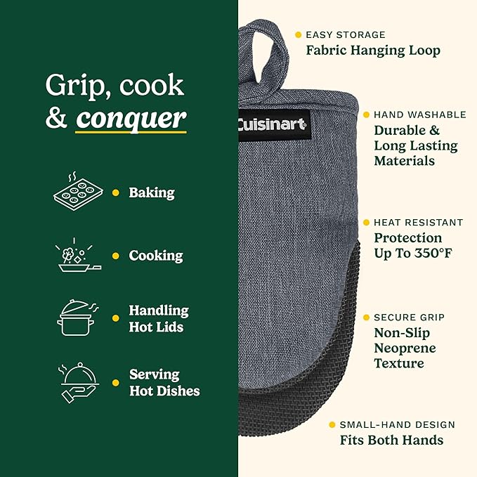 Cuisinart Mini Oven Mitts – 5.5” x 7” Heat-Resistant Kitchen Mitts for Oven with Non-Slip Neoprene Palm, Cotton Filling, and Fabric Loop – Durable Oven Mitt Set for Cooking & Baking (Chambray)