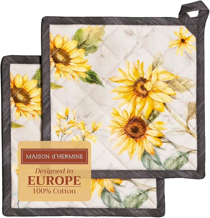 Maison d' Hermine Pot Holders 100% Cotton Heat Resistant Potholders 8" x 8" Hot Pads with Loop BBQ Cooking Baking Gifts for Mothers Day Handling Hot Pans Spring/Summer (Pack of 2, Candice)