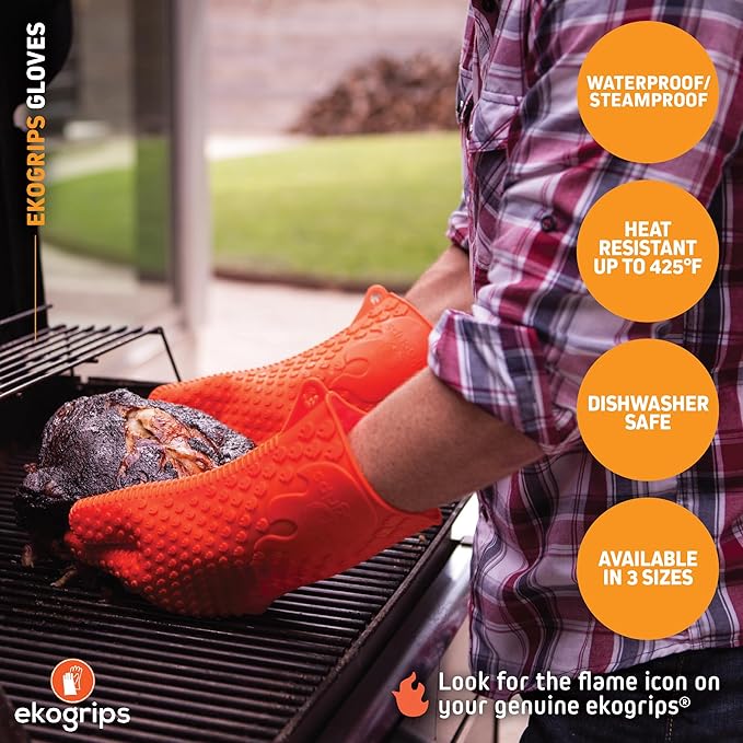 Jolly Green Products Ekogrips Premium Heat-Resistant BBQ Glove for Cooking and Meat Handling, Kitchen Oven Gloves, Fireplace Accessory, Campfire Gloves, BBQ Mitt, Dishwashing Gloves (Orange, L/XL)