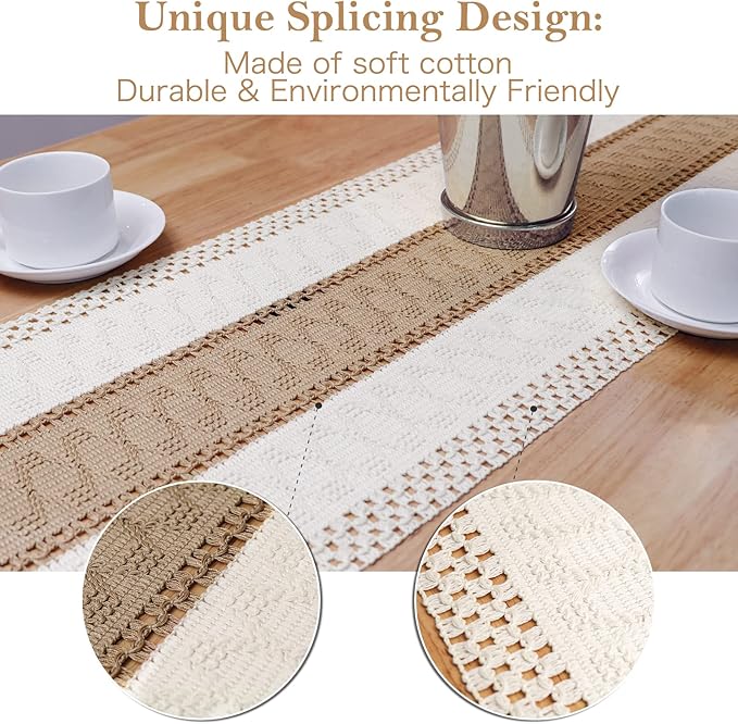 OurWarm Splicing Burlap Table Runner Farmhouse Style, Boho Table Runner Modern Farmhouse Decor Rustic Woven Cotton Crochet Lace for Bohemian, Rustic, Wedding, Bridal Shower, Dinner, 108 inch