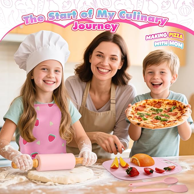Kids Baking Cooking Set Real & Toddler Kid Apron, Kids Knife Set for Real Cooking & Basket,Food-Grade Material,Montessori Toddler Kitchen Tools, Christmas Birthday Gift for 3-10 Year Old Girls Boys