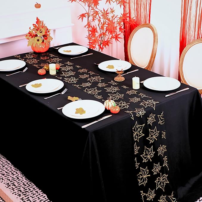 Snowkingdom Fall Table Runners, Gold Maple Leaves Thanksgiving Table Decorations for Autumn Harvest Sequin Glitter Lightweight Black Thin Mesh Sparkle Farmhouse Dining Party Decor 120 Inch