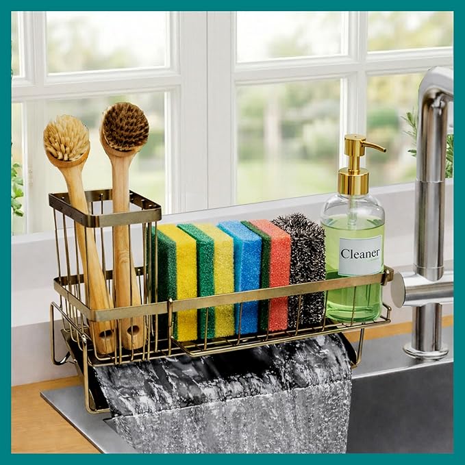Sponge Holder for Kitchen Sink, Self-Draining Sink Caddy for Brush Dishcloth & Soap, Stainless Steel Kitchen Organizer for Countertop, Home Essential House Cleaning Supplies