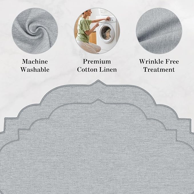 Cotton Linen Oval Placemats Set of 4, HADEEONG Table Mats Cloth Placemats, Washable Wrinkle Resistance, Scalloped & Embroidered Fabric Placemats, 17.71 x 13.77inch (Light Grey, 4)