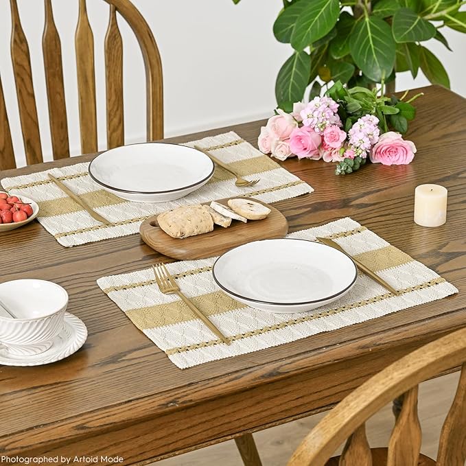 Artoid Mode Burlap Brown Farmhouse Woven Rustic Placemats Set of 4,12x18 Inch Seasonal Holiday Hollow Table Mats Party Kitchen Dining Decoration